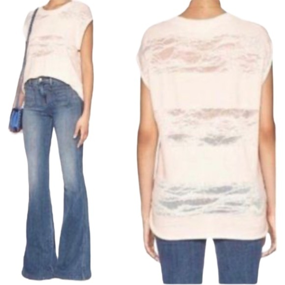 IRO Jeans Boho Distressed Raw Edge/Hem Cap Sleeve Sweatshirt Short Sleeve Top L - Picture 13 of 13